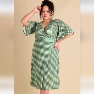 Lady v london green gingham flutter sleeve wrap dress plus size office casual